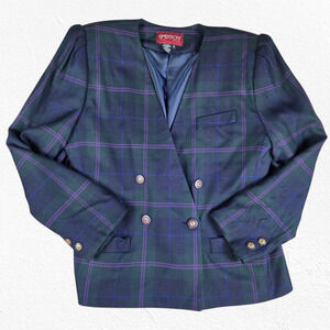 80s Vintage Black Purple Plaid Double Breasted Retro Sasson Power Blazer Size 14